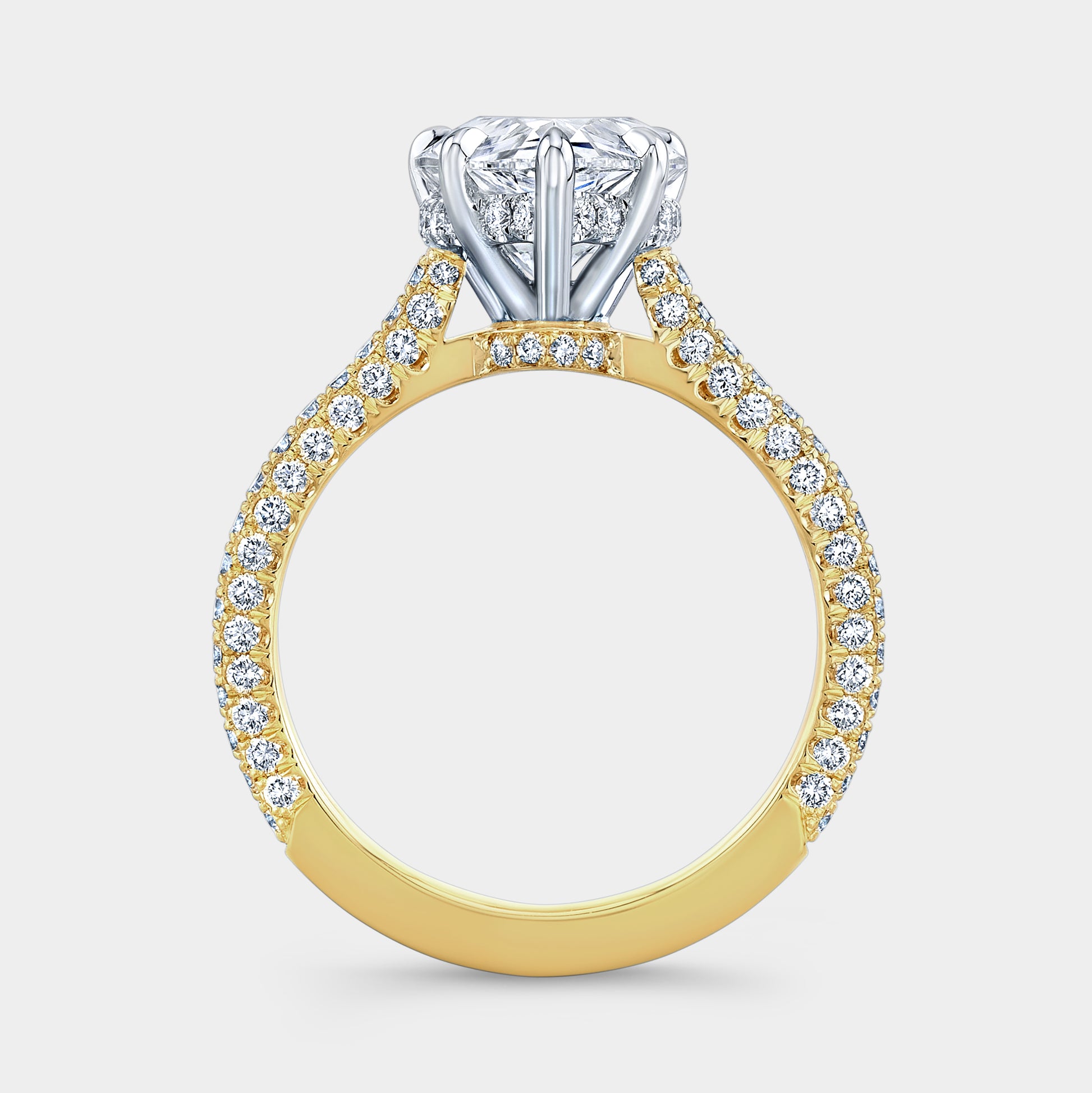Two tone pear diamond ring, halo, 3 sided pave.