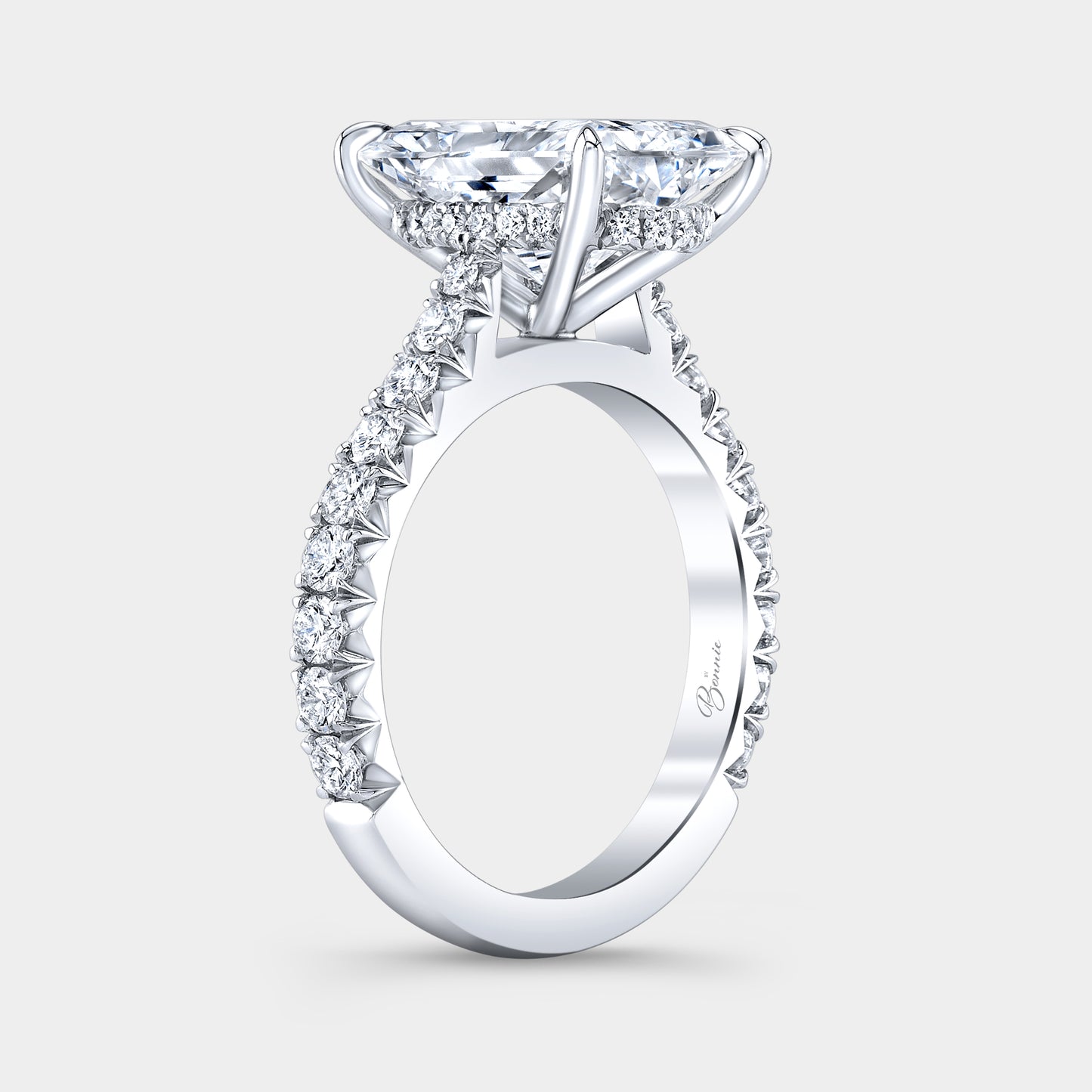 Radiant diamond ring, hidden halo and pave view.
