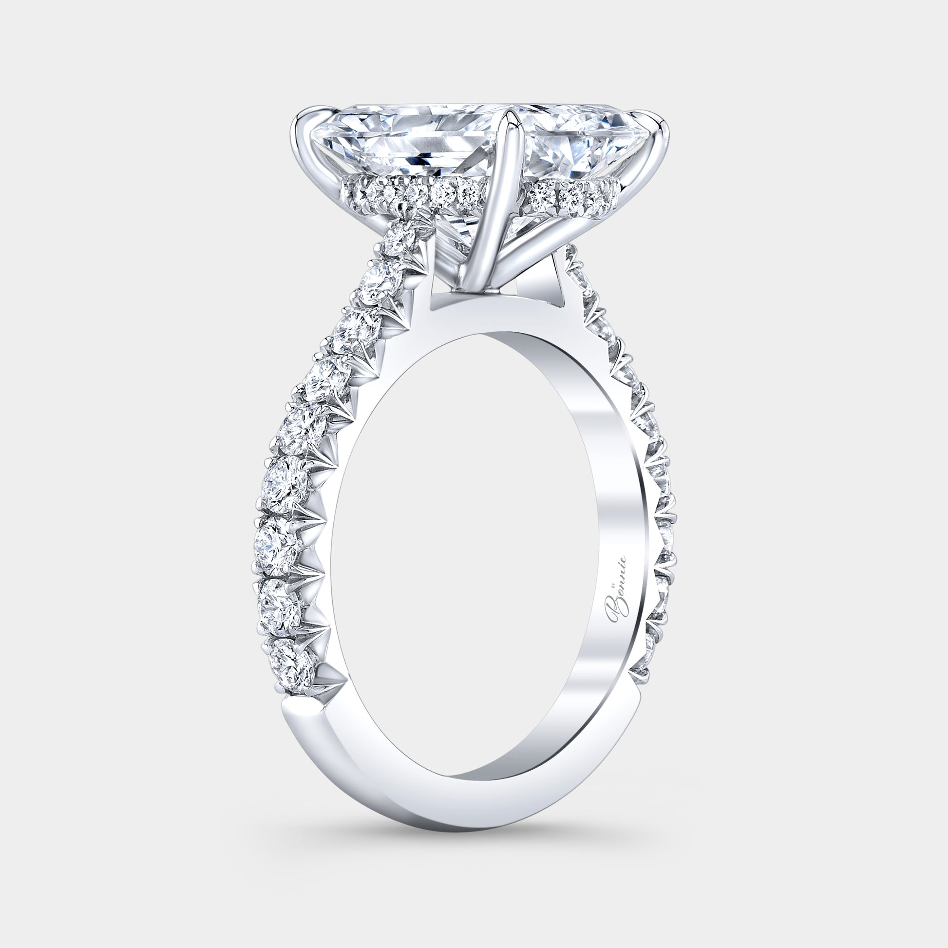Radiant diamond ring, hidden halo and pave view.