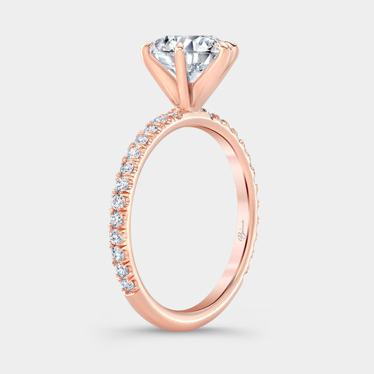Round diamond ring, 6 prong setting, U pave band.