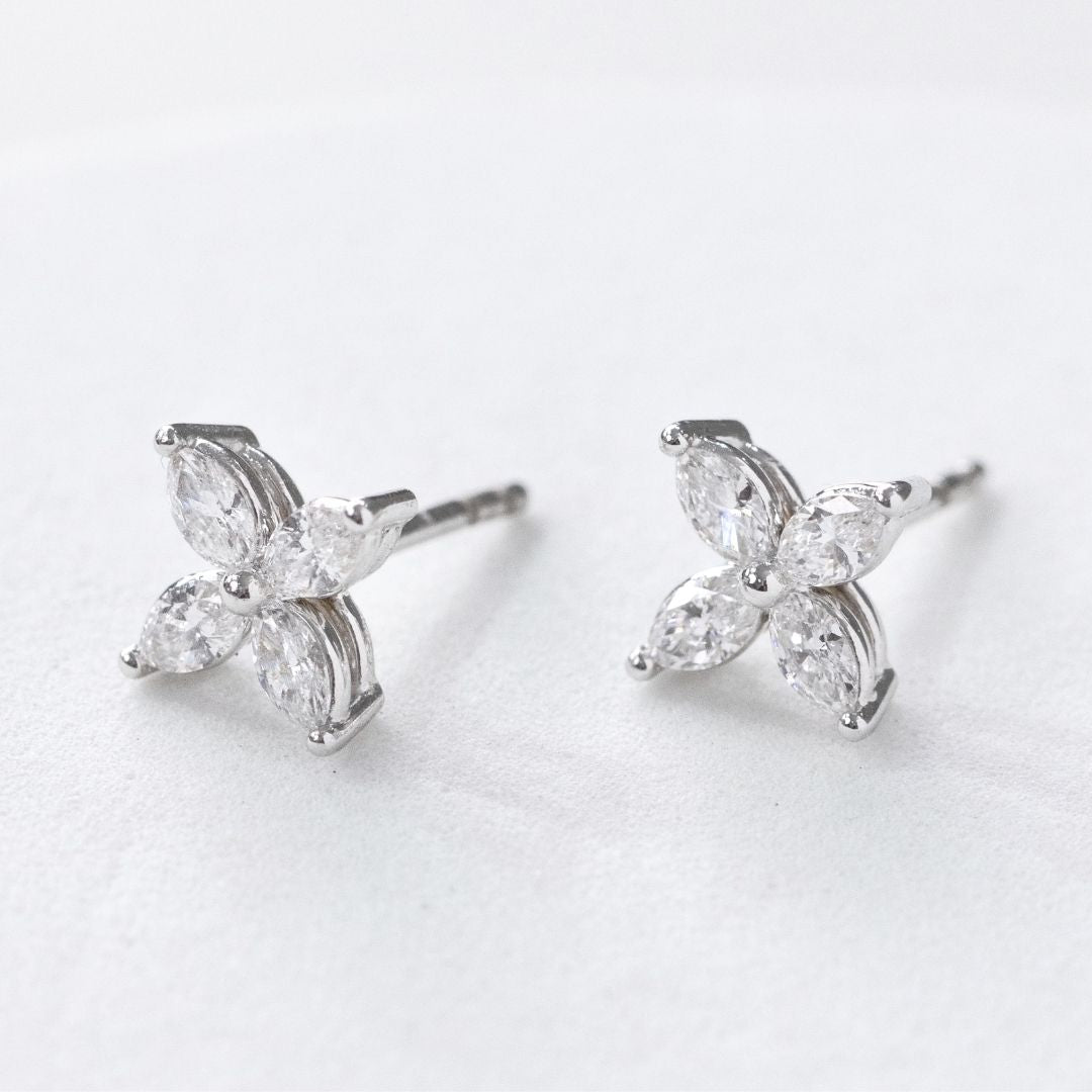 Lab Grown Marquise Diamond La Fleur White Gold Stud Earrings