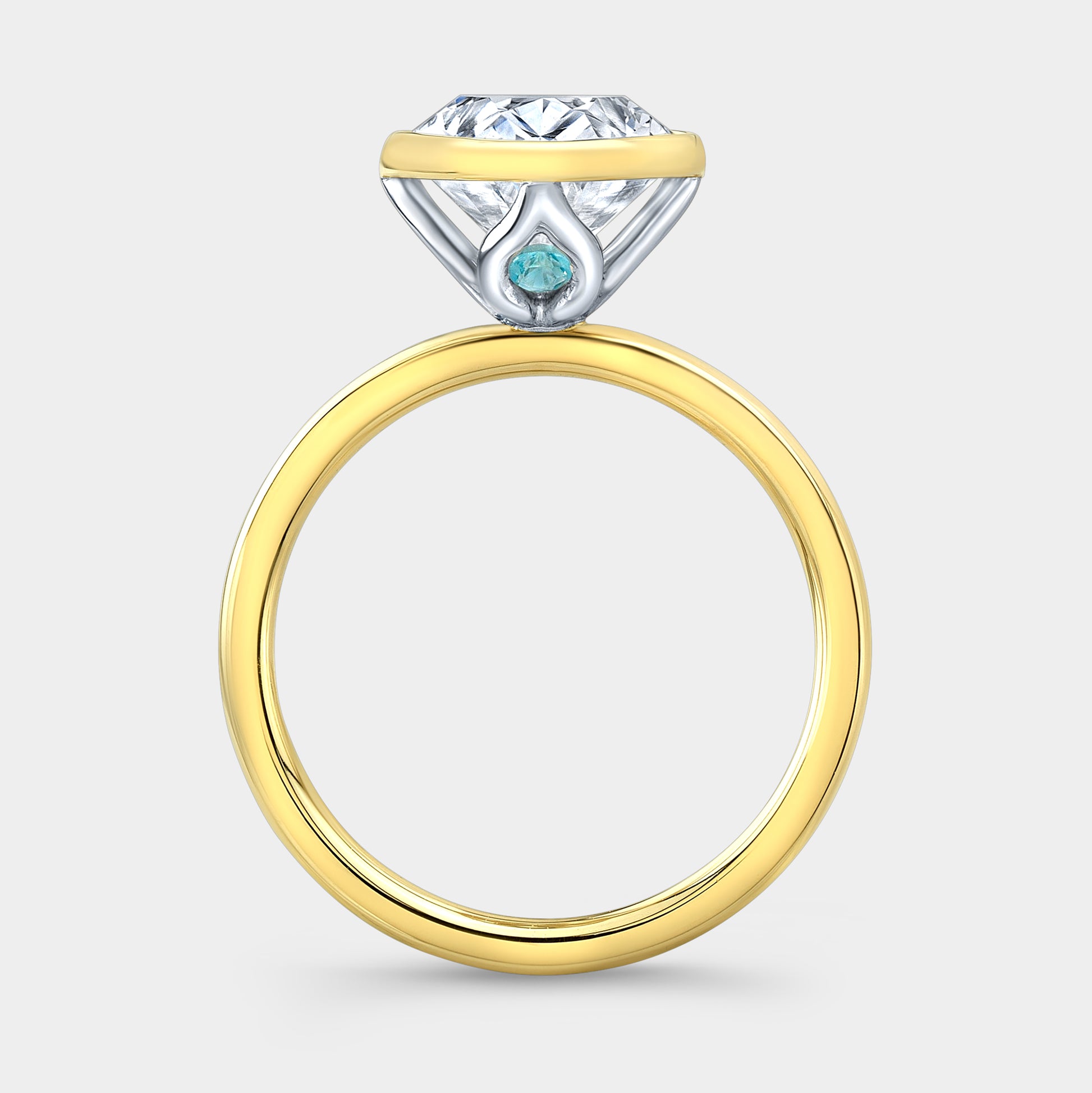 Oval solitaire ring, yellow gold & platinum, bezel tulip.