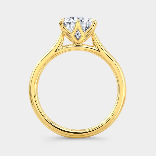 Yellow gold round ring, 6 prong tulip cathedral.