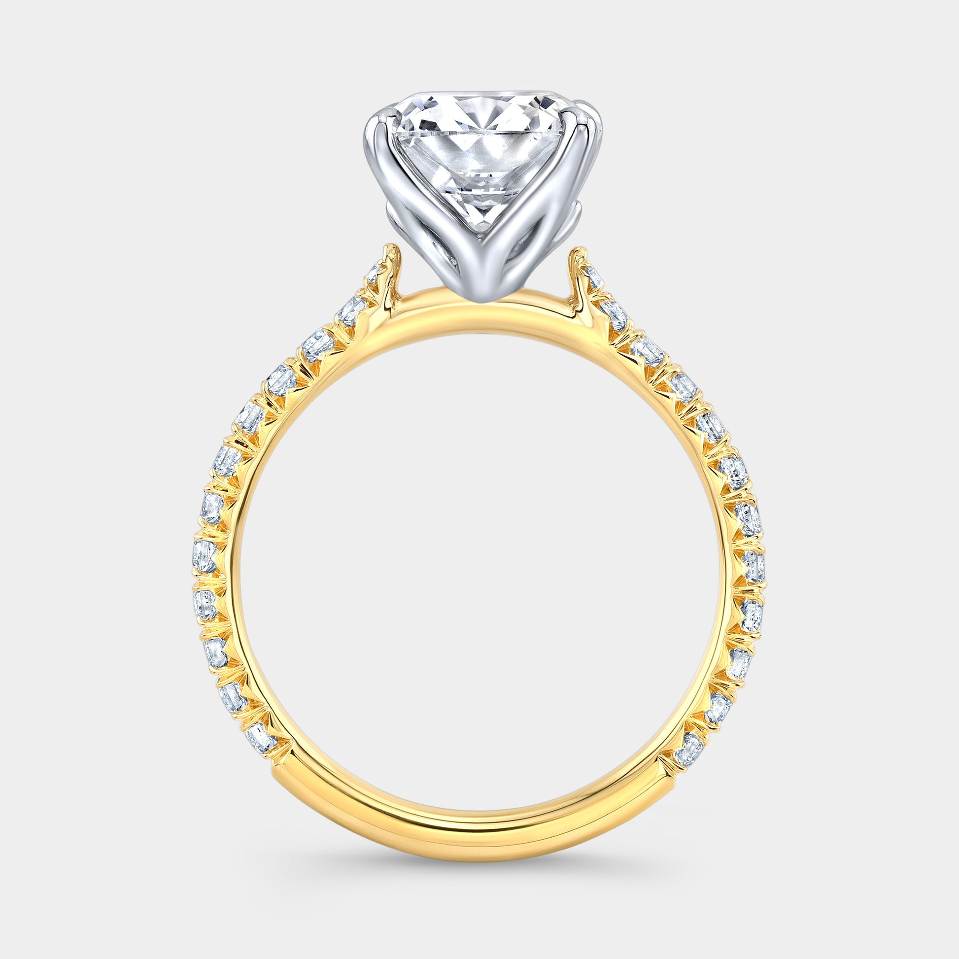 Cushion solitaire ring, yellow gold & platinum, tulip pave.