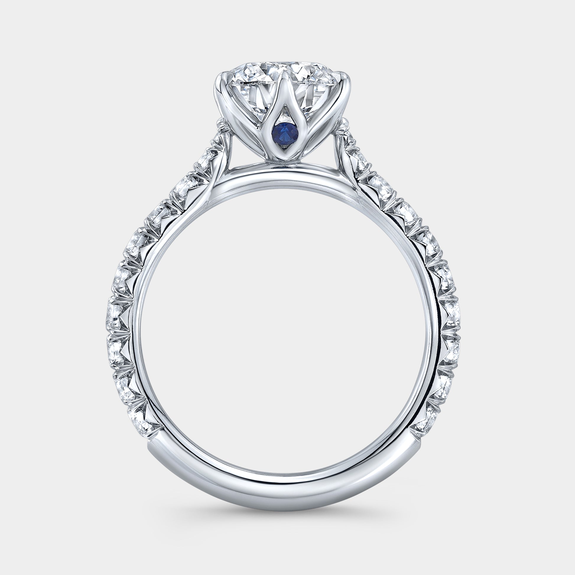 Platinum round ring, tulip pave with hidden gem.