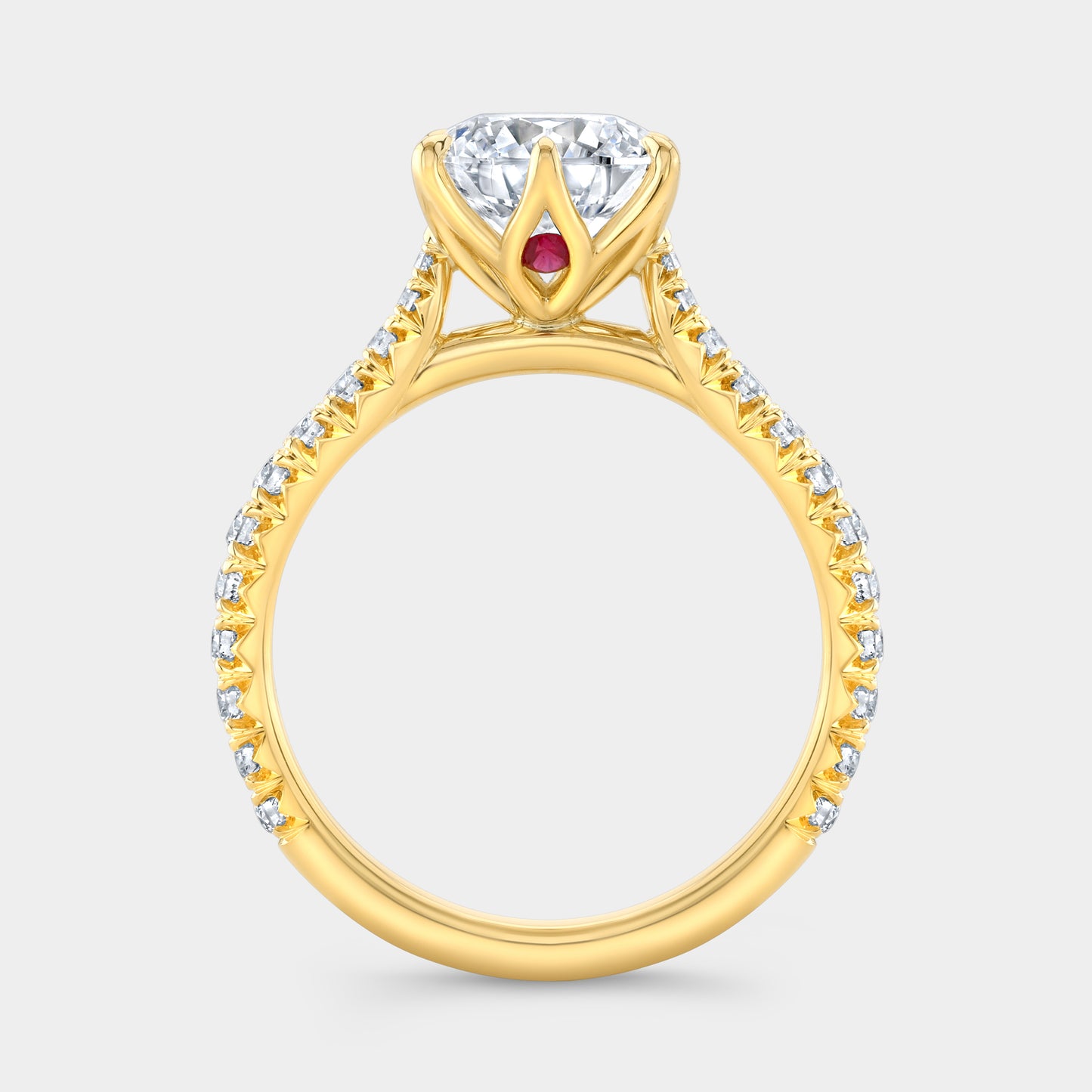 Yellow gold round ring, tulip pave with hidden gem.