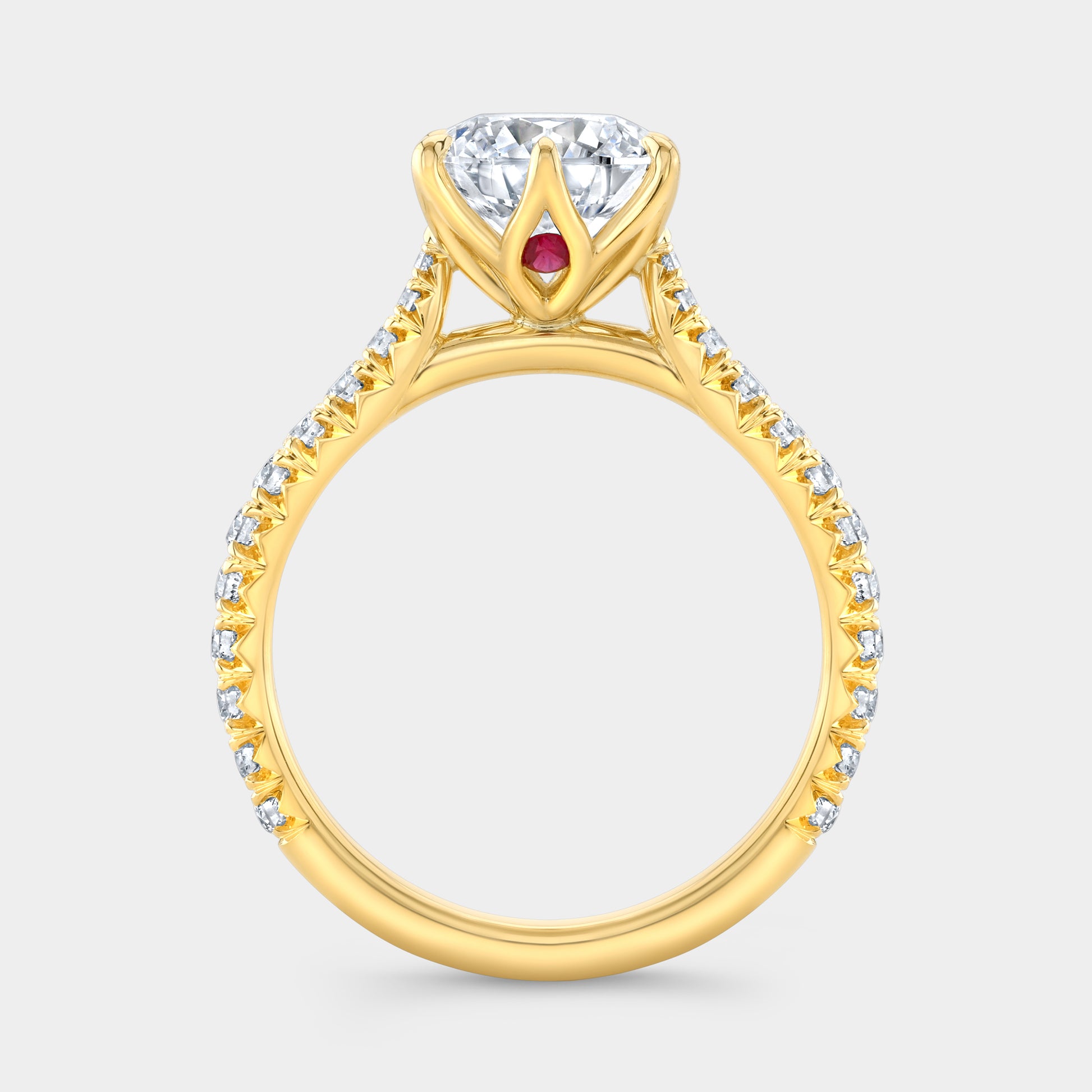 Yellow gold round ring, tulip pave with hidden gem.