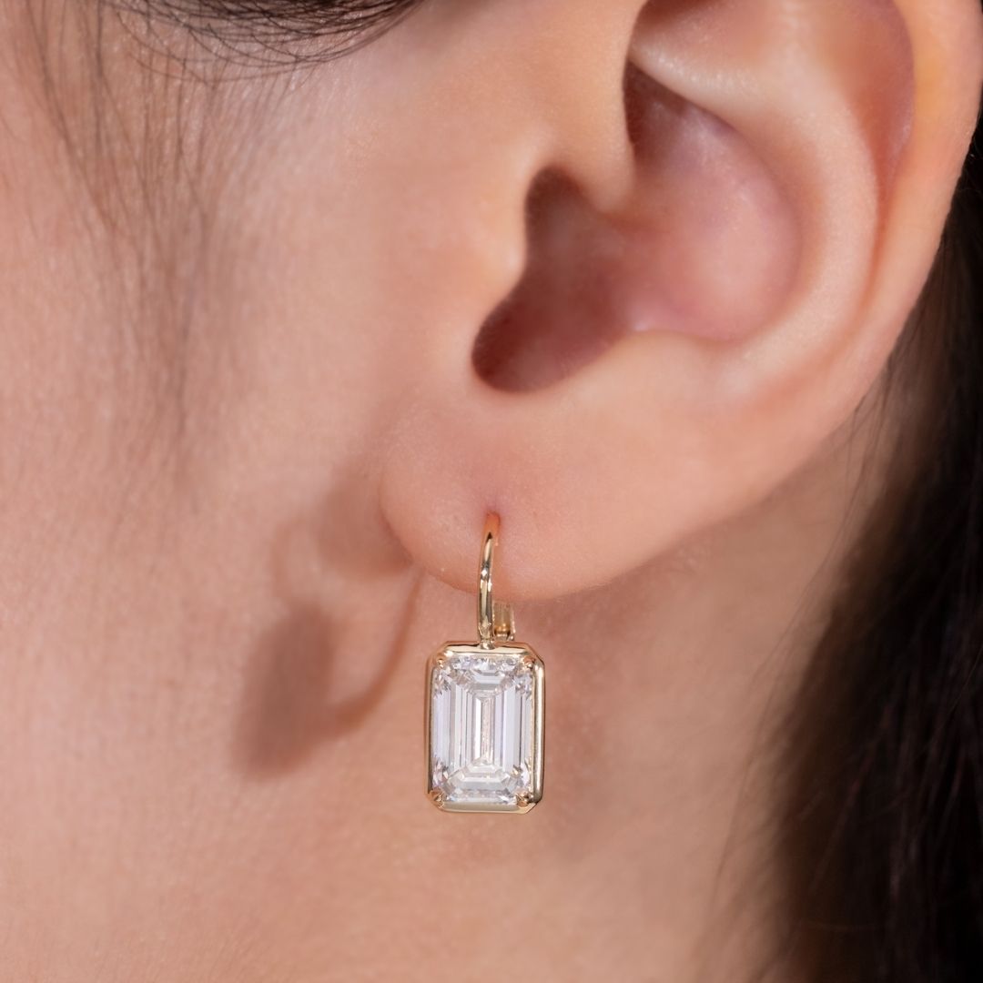 5ctw Lab Grown Emerald Diamond Mira Yellow Gold Dangle Drop Earrings