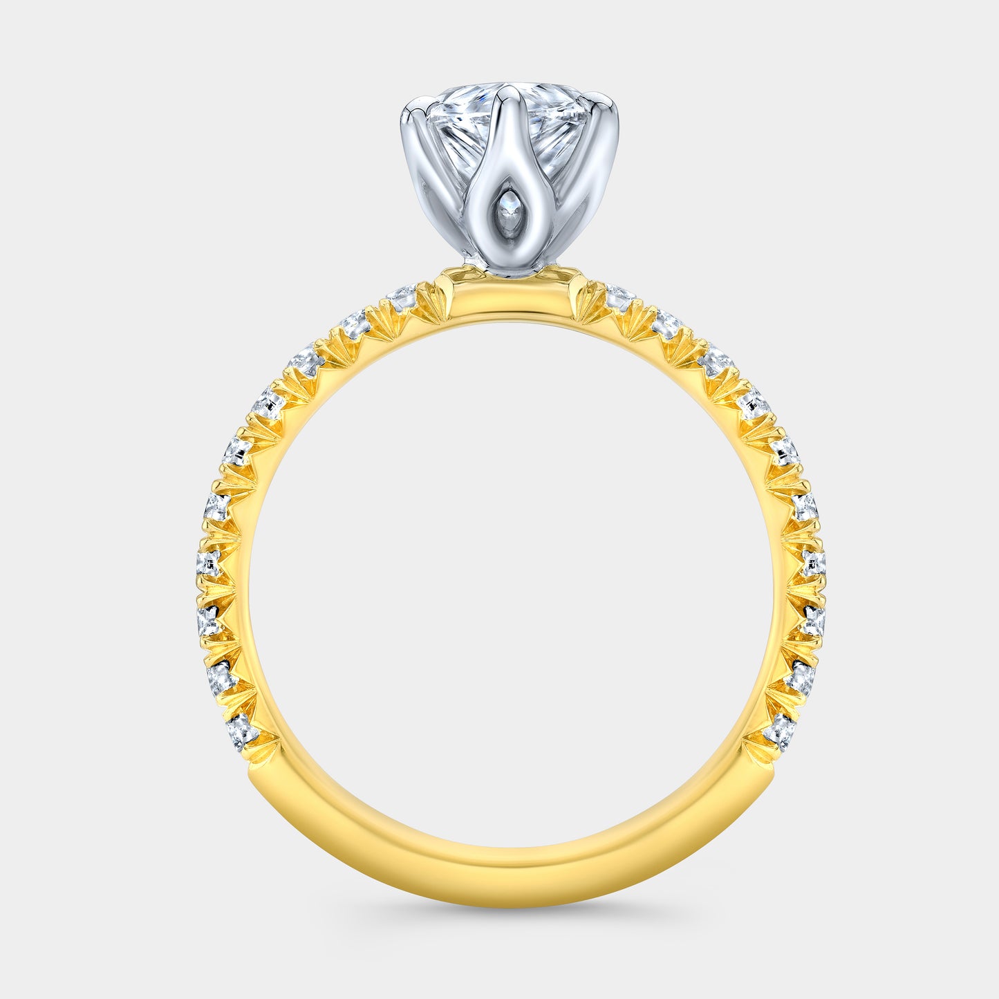 Pear solitaire ring, yellow gold & platinum, tulip pave.