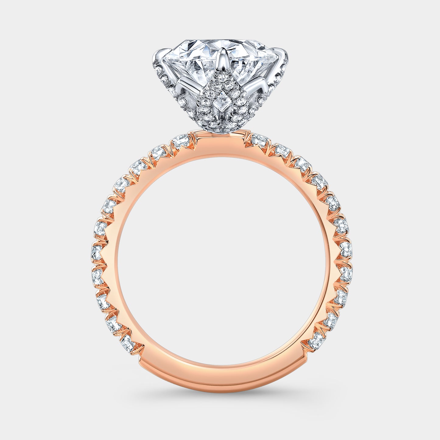 Oval solitaire ring, rose gold & platinum, tulip pave.