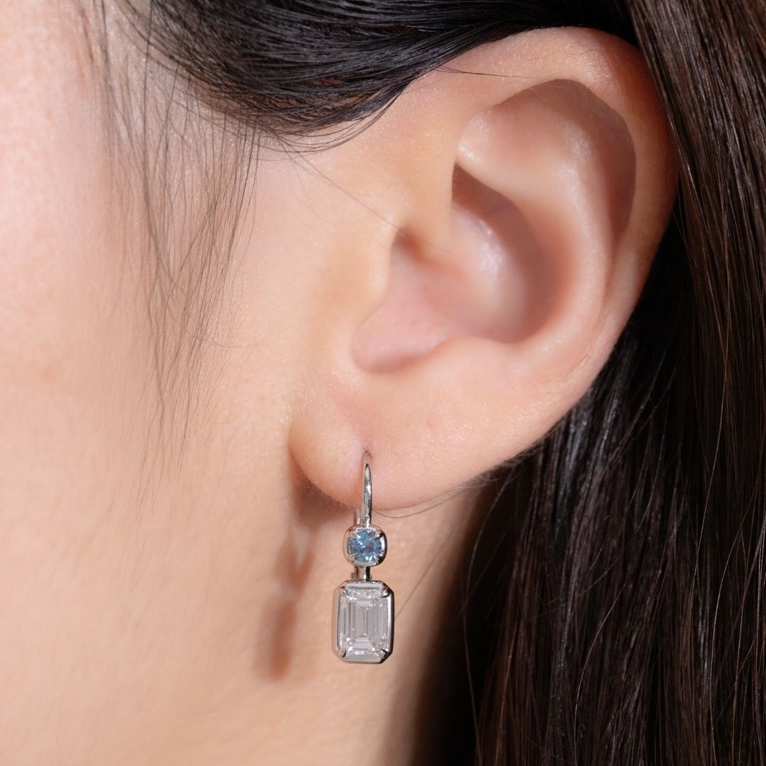2ct Lab Grown Emerald Diamond & Natural Blue Aquamarine Double Drop Earrings