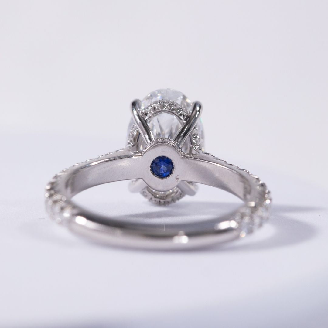 Oval Diamond Hidden Halo Hidden Blue Sapphire Cathedral French Pave Platinum Engagement Ring