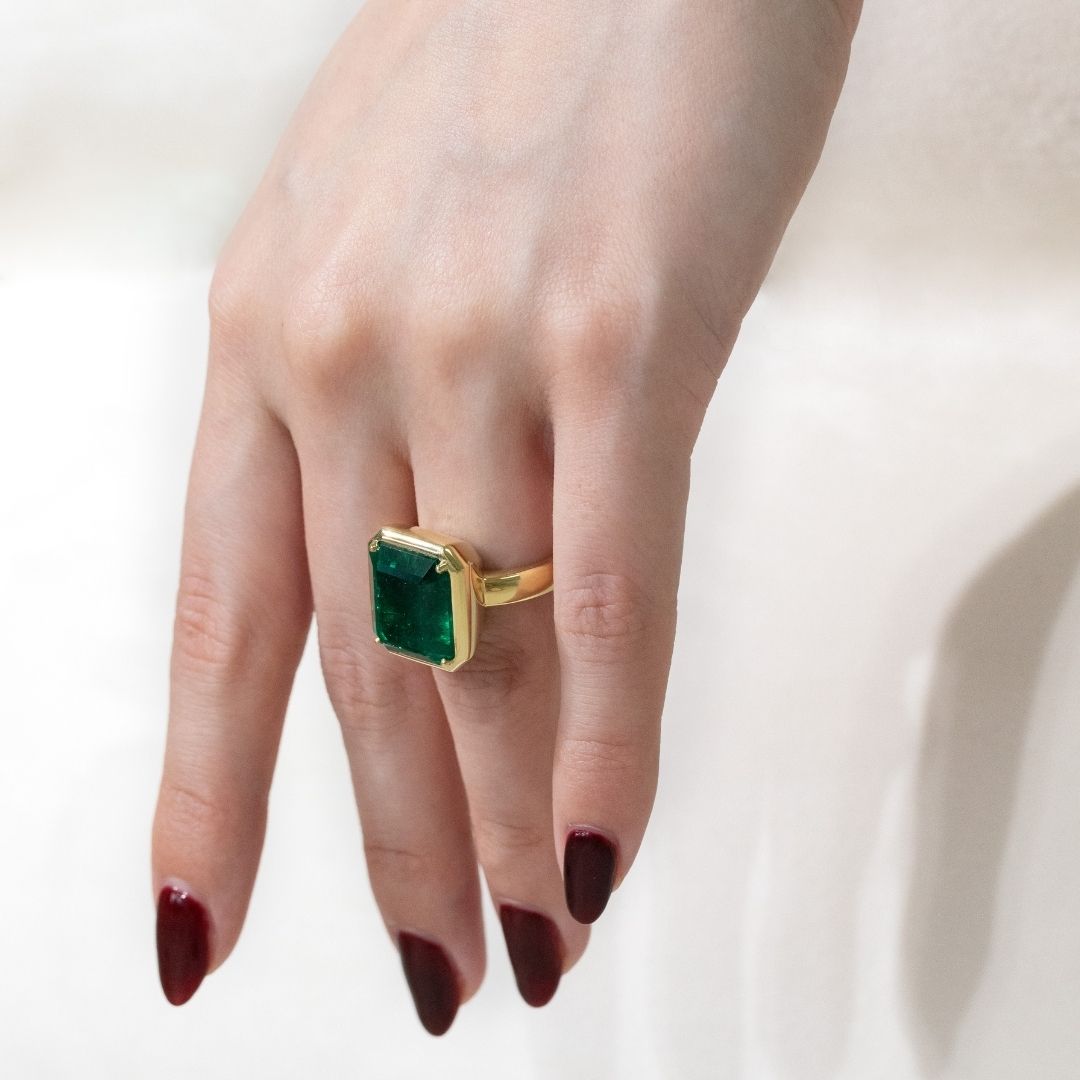 12.50ct Natural Emerald Cut Green Emerald Bezel Solitaire Ring