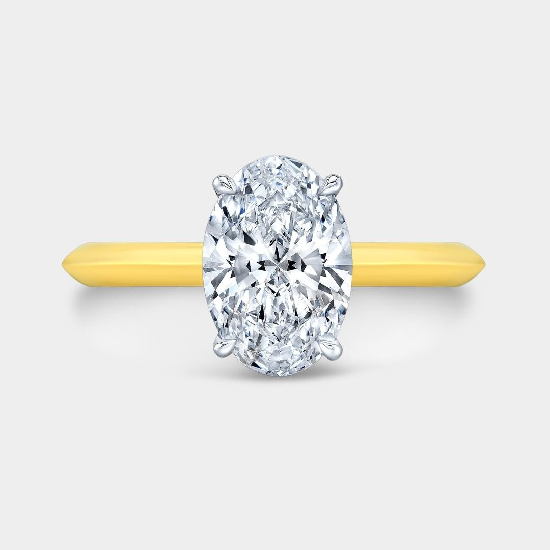 Oval Diamond Tulip Knife Edge Tapered Cathedral Solitaire Yellow Gold And Platinum Engagement Ring