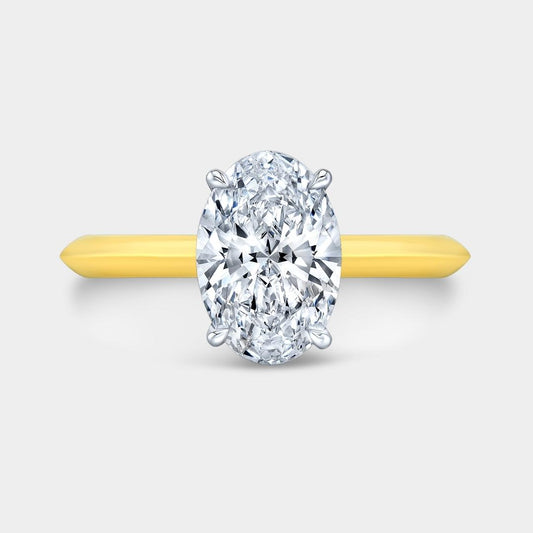 Oval Diamond Tulip Knife Edge Tapered Cathedral Solitaire Yellow Gold And Platinum Engagement Ring