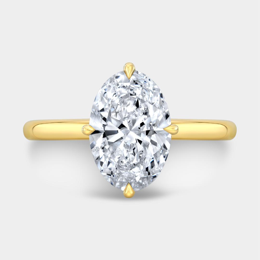 Oval Diamond North South Set Hidden Halo Tapered Cathedral Solitaire Yellow Gold Engagement Ring