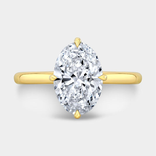 Oval Diamond North South Set Hidden Halo Tapered Cathedral Solitaire Yellow Gold Engagement Ring