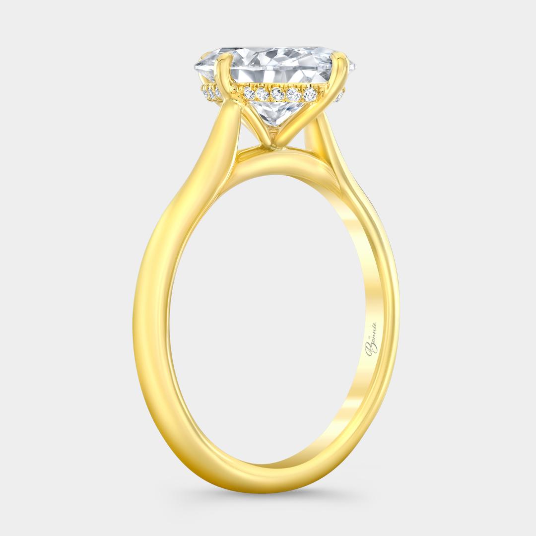 Oval Diamond North South Set Hidden Halo Tapered Cathedral Solitaire Yellow Gold Engagement Ring
