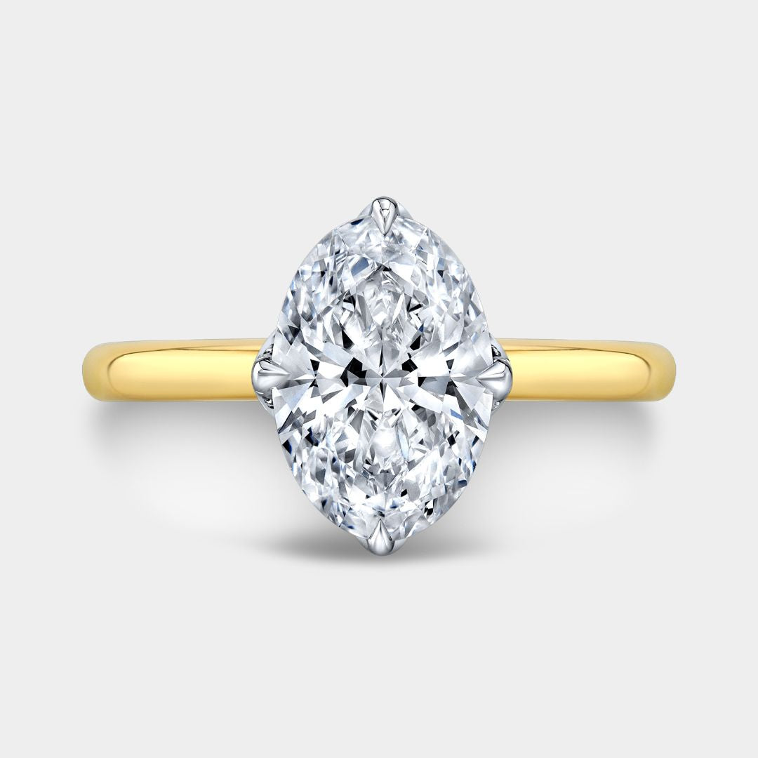 Oval Diamond North South Set Tulip Solitaire Peekaboo Diamonds Yellow Gold And Platinum Engagement Ring