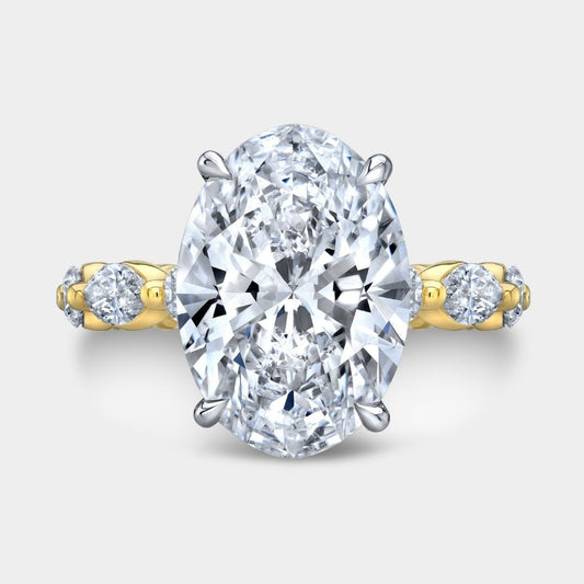 Oval Diamond Hidden Halo Single Shared Prong Round & Marquise Band Yellow Gold And Platinum Engagement Ring