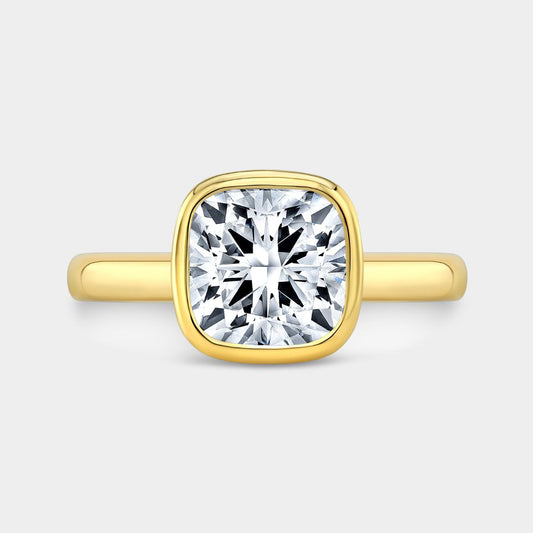 Cushion Diamond Bezel Set Tulip Solitiare Yellow Gold And Platinum Engagement Ring