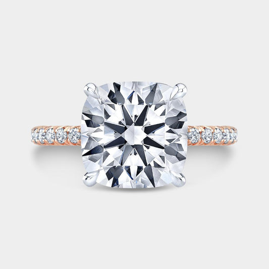 Cushion Diamond Extra Low Profile Hidden Halo French Pave Rose Gold And Platinum Engagement Ring