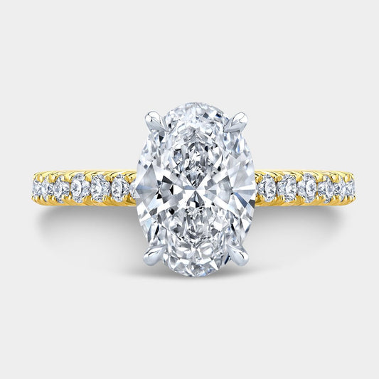 Oval Diamond Tapered Cathedral French Pave Hidden Halo Yellow Gold And Platinum Engagement Ring