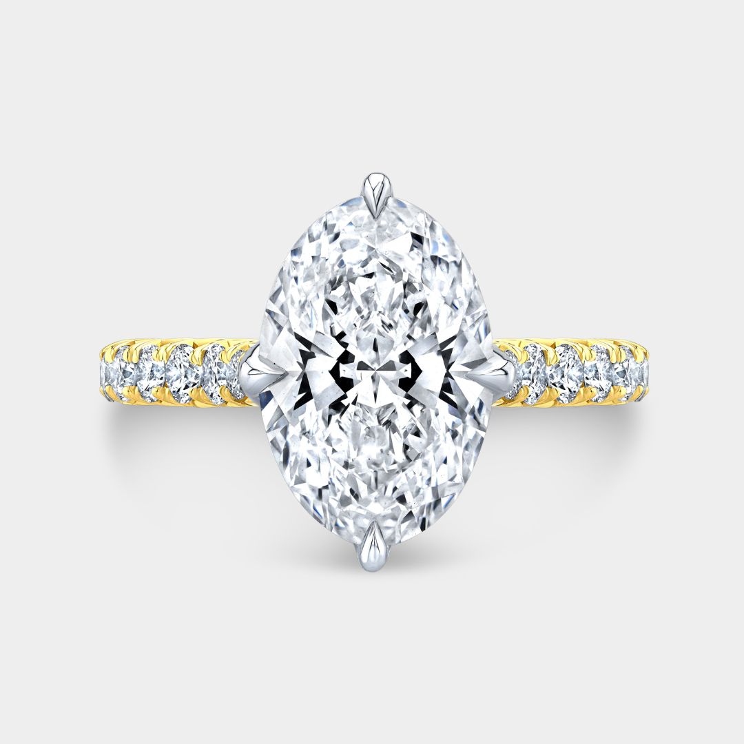 Oval Diamond North South Tulip French Pave Diamond Bridge With Peekaboo Purple Sapphires Yellow Gold And Platinum Engagement Ring