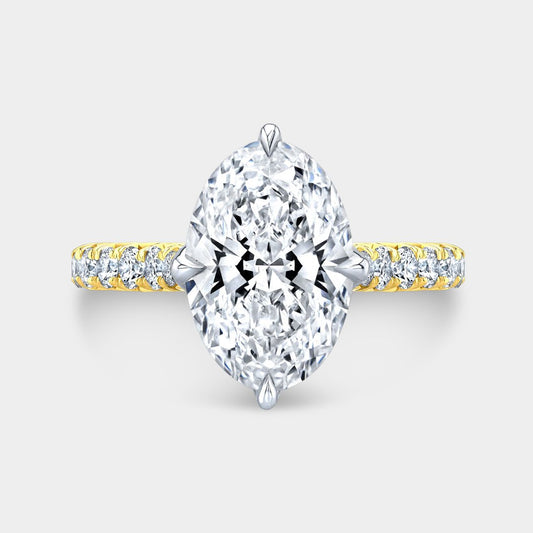 Oval Diamond North South Tulip French Pave Diamond Bridge With Peekaboo Purple Sapphires Yellow Gold And Platinum Engagement Ring