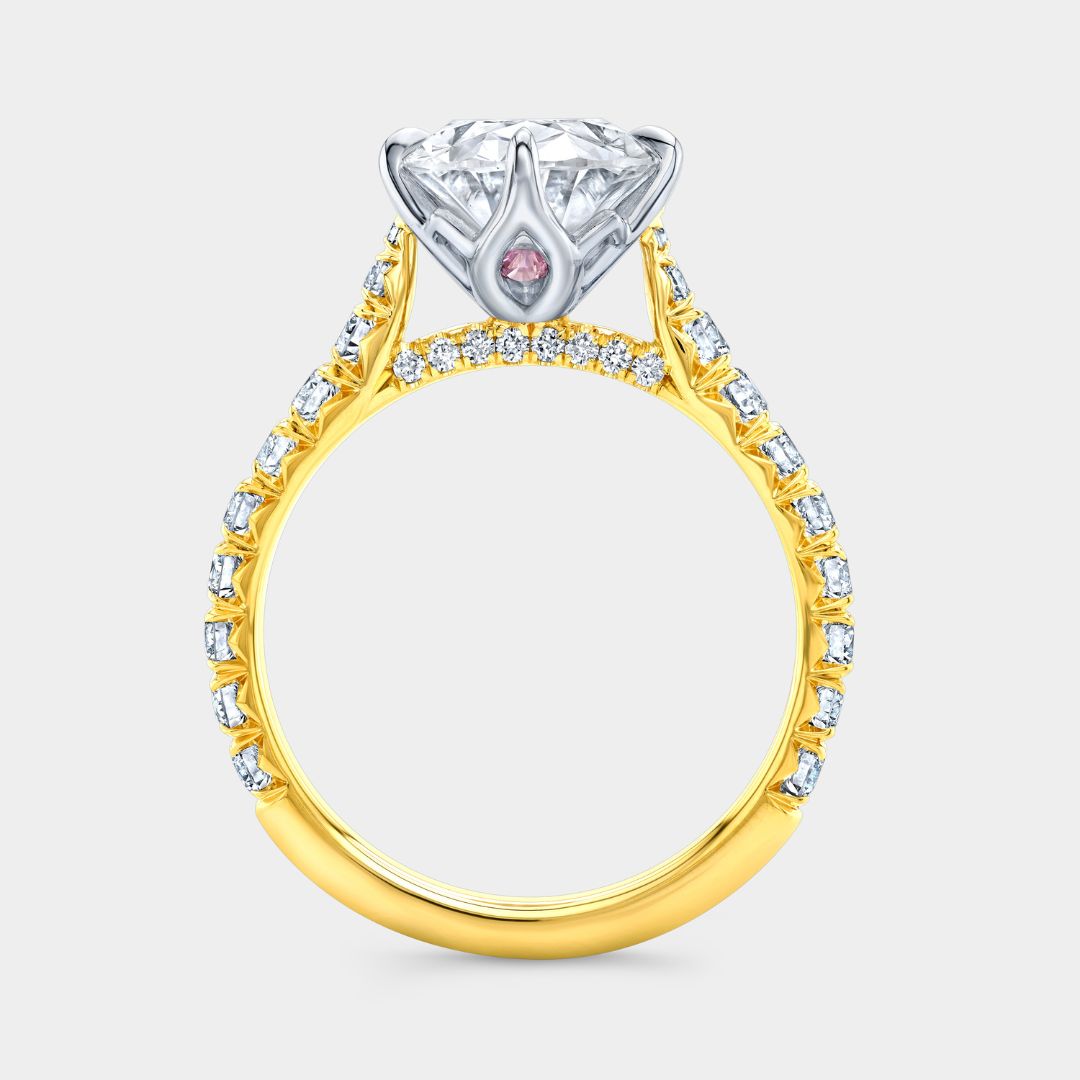 Oval Diamond North South Tulip French Pave Diamond Bridge With Peekaboo Purple Sapphires Yellow Gold And Platinum Engagement Ring