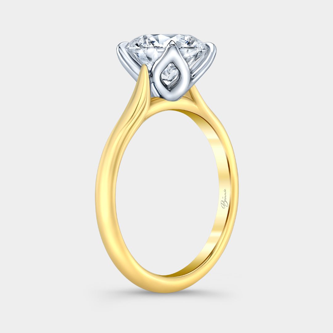 Round Diamond Tulip Solitaire Yellow Gold and Platinum Engagement Ring