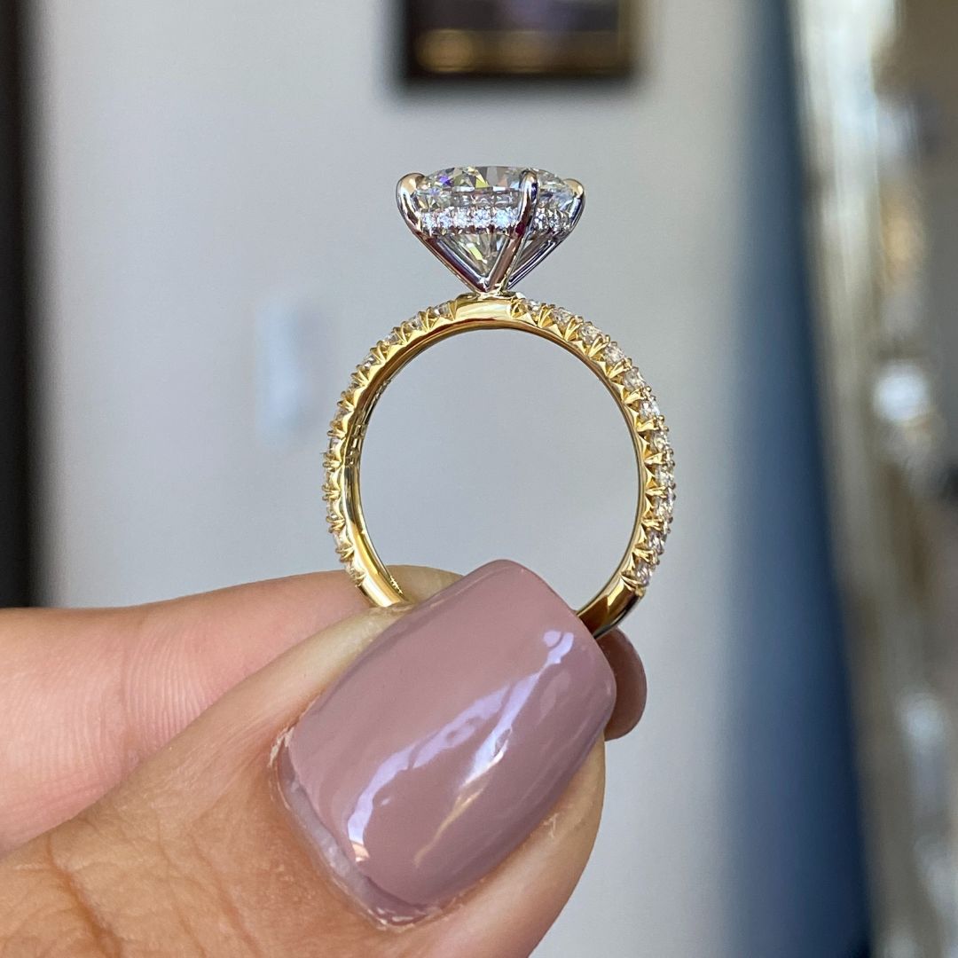 Round Diamond 4 Prong Hidden Halo French Pave Yellow Gold And Platinum Engagement Ring