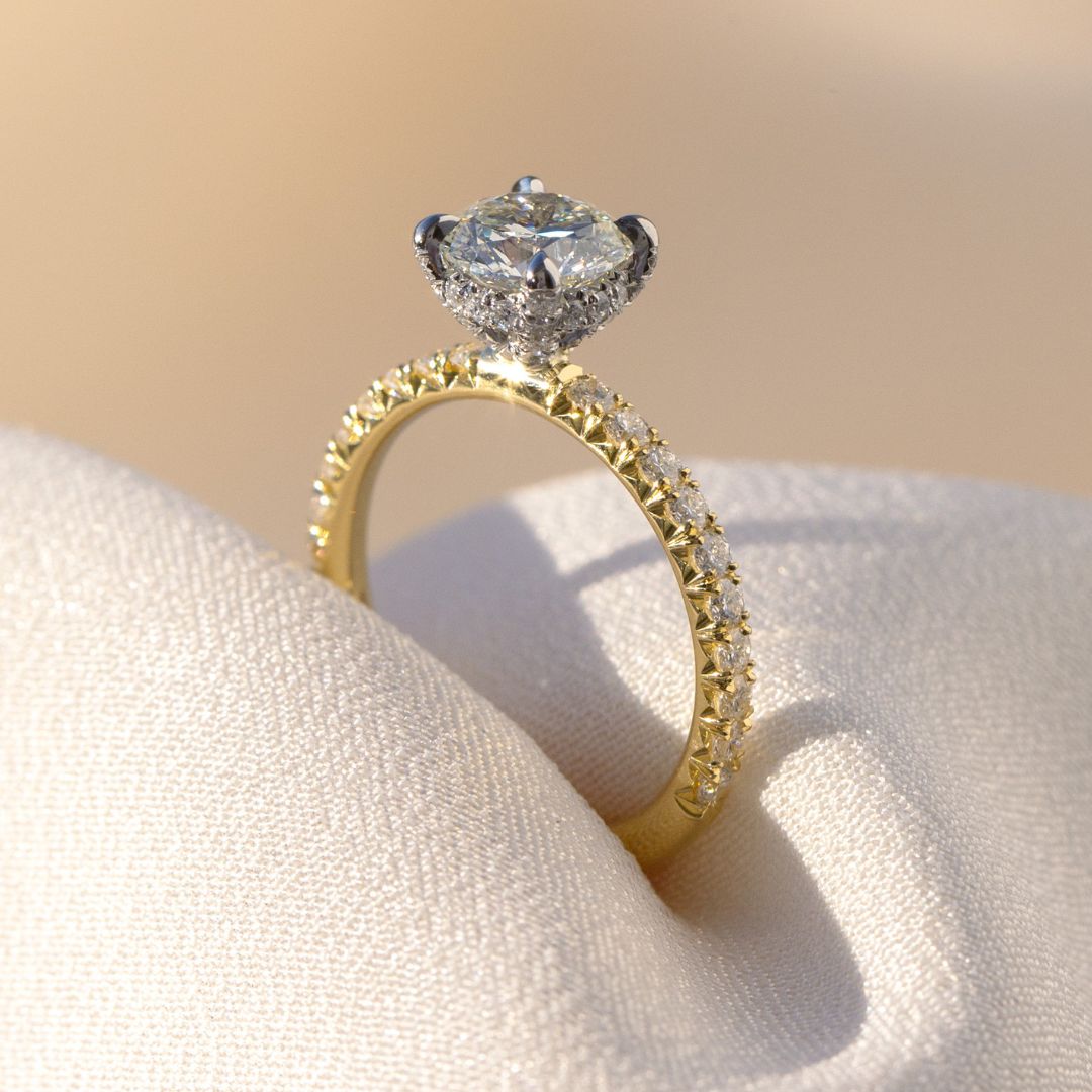 Round Diamond Full Diamond Basket French Pave Yellow Gold And Platinum Engagement Ring