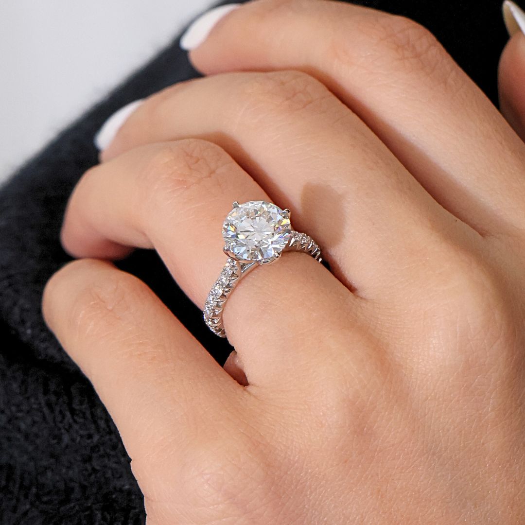 Round Diamond North South Prong Tulip Tapered Cathedral French Pave Platinum Engagement Ring