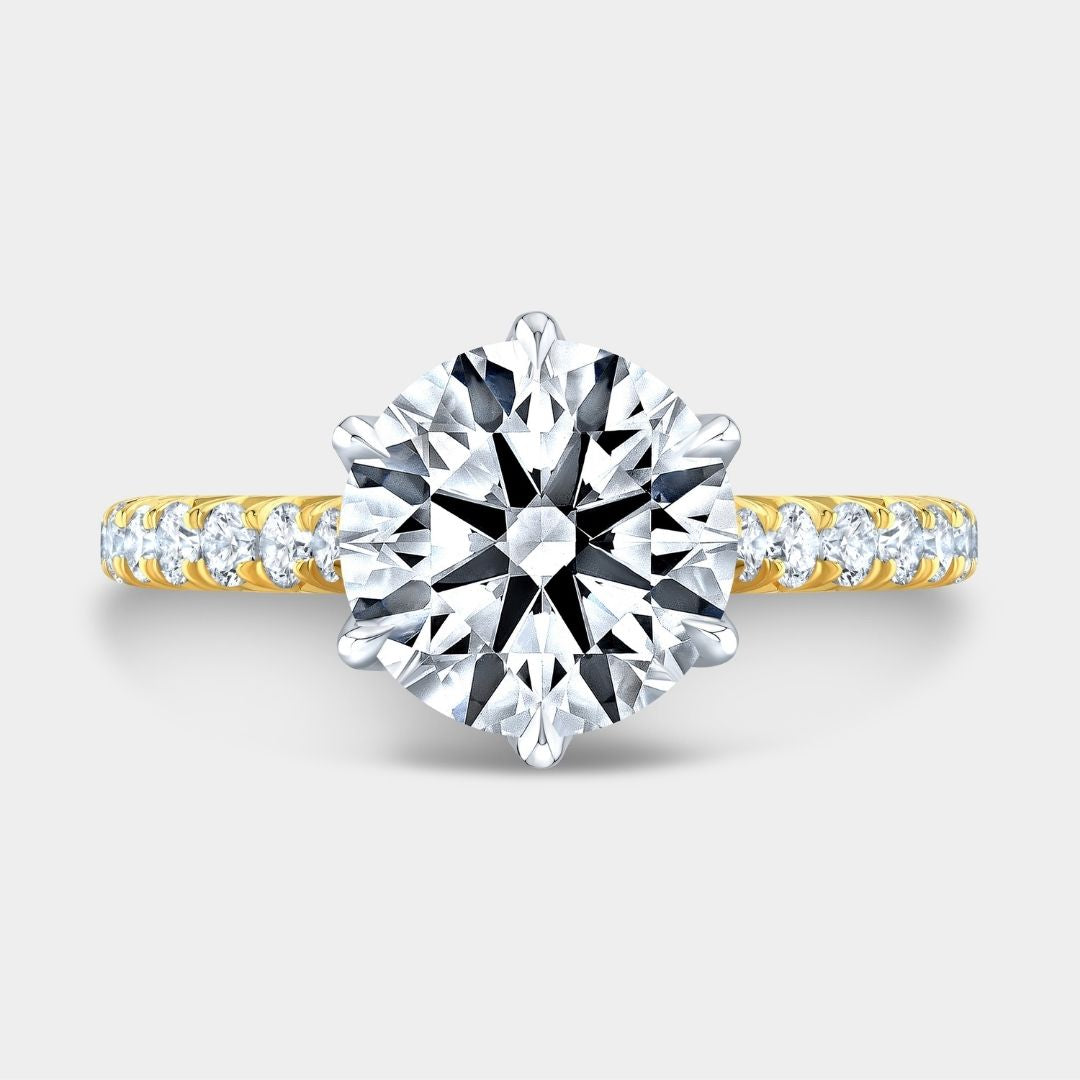 Round Diamond Tulip Tapered Cathedral French Pave Yellow Gold And Platinum Engagement Ring