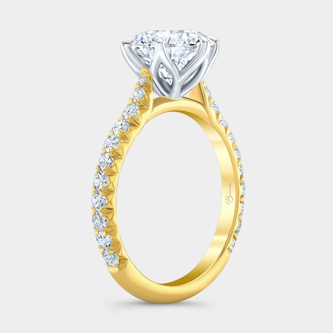 Round Diamond Tulip Tapered Cathedral French Pave Yellow Gold And Platinum Engagement Ring