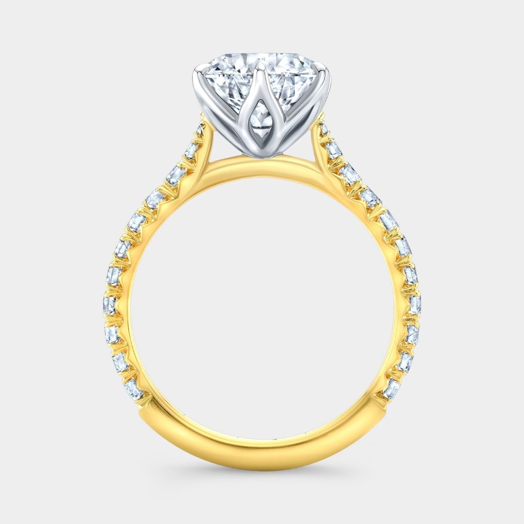 Round Diamond Tulip Tapered Cathedral French Pave Yellow Gold And Platinum Engagement Ring