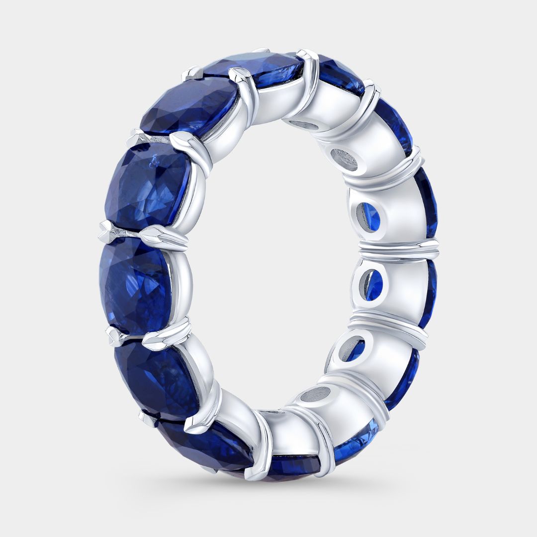 Timeless cushion sapphire eternity ring, ideal for anniversaries or stacking