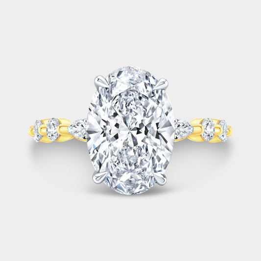 Oval Diamond Marquise & Round Diamond Band Hidden Halo Yellow Gold And Platinum Engagement Ring