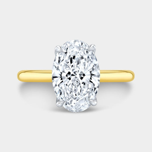 Oval Diamond Tulip Basket Tapered Cathedral Solitaire Yellow Gold And Platinum Engagement Ring