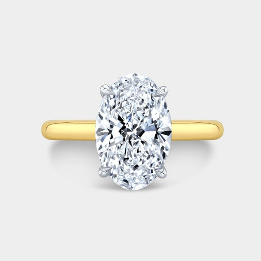 Oval Diamond Hidden Halo Solitaire with Diamond Bridge Yellow Gold And Platinum Engagement Ring