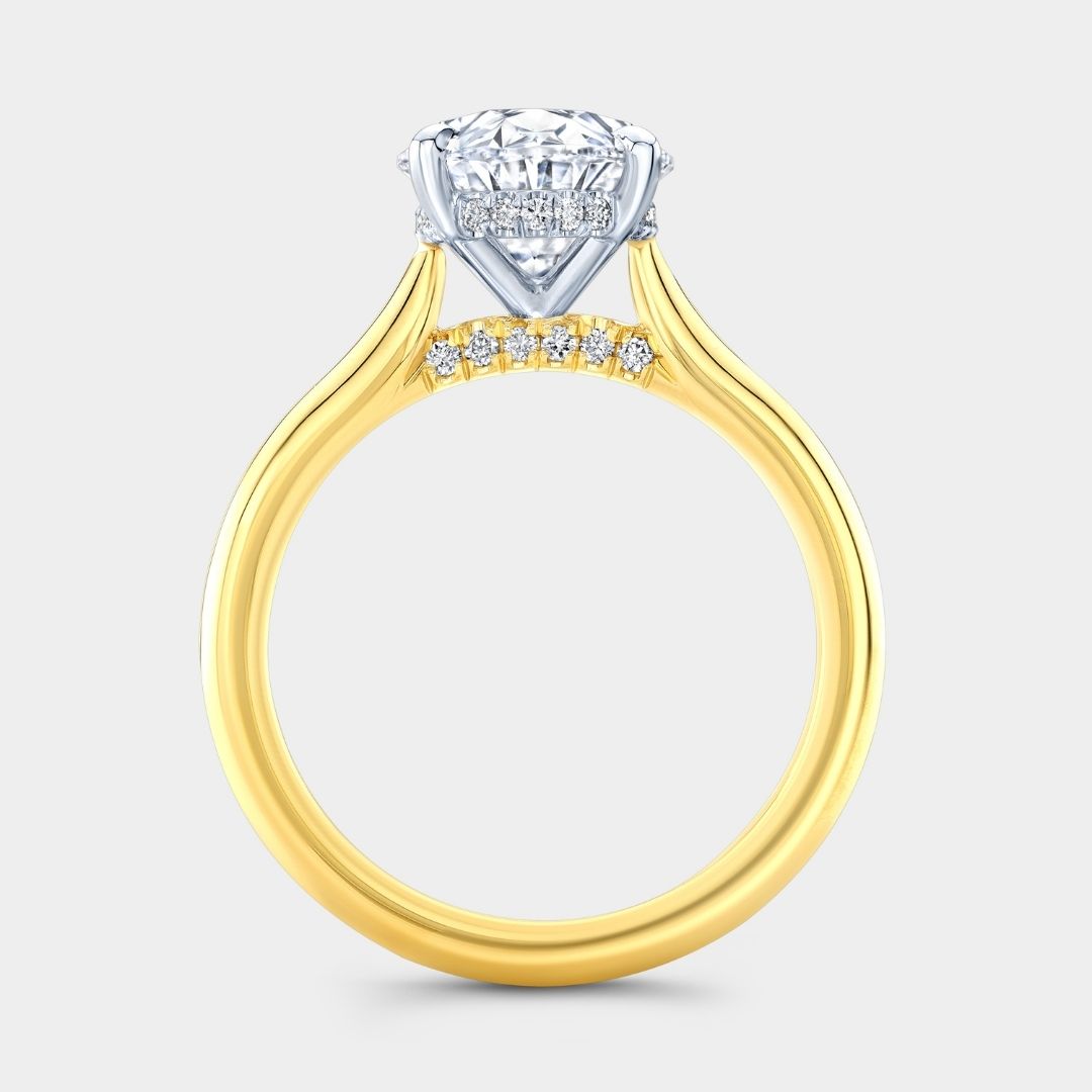 Oval Diamond Hidden Halo Solitaire with Diamond Bridge Yellow Gold And Platinum Engagement Ring