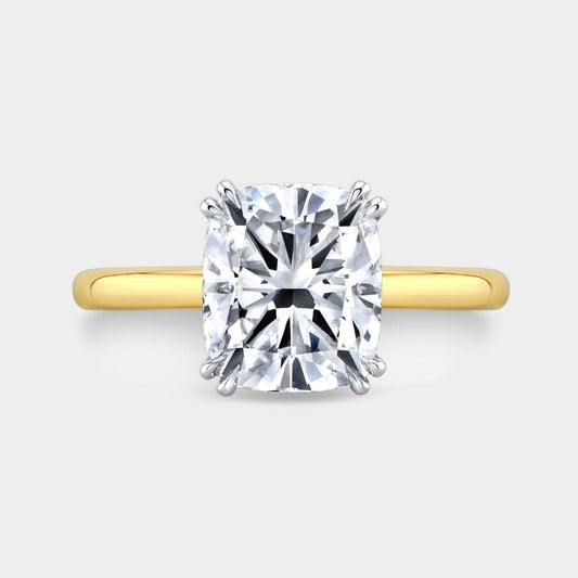 Cushion Diamond Double Claw Prong Hidden Halo Solitaire Engagement Ring Yellow Gold And Platinum Engagement Ring