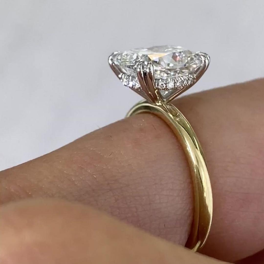 Cushion Diamond Double Claw Prong Hidden Halo Solitaire Engagement Ring Yellow Gold And Platinum Engagement Ring