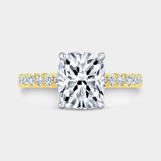 Cushion Diamond With Full Diamond Basket French Pave Yellow Gold And Platinum Engagement Ring