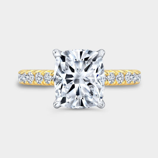 2.42ct Lab Grown Cushion Tulip Low Cathedral Pave Diamond Yellow Gold And Platinum Engagement Ring