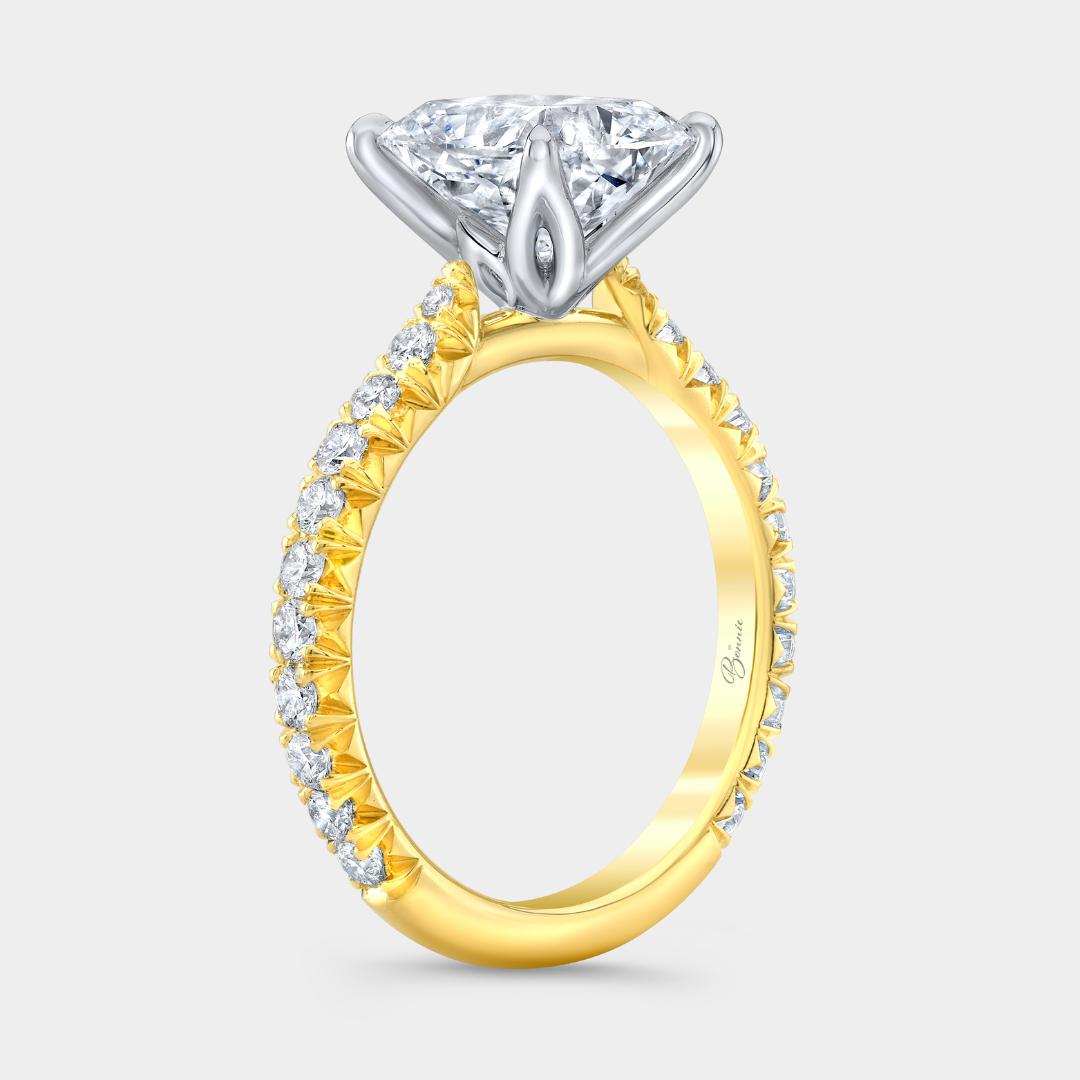2.42ct Lab Grown Cushion Tulip Low Cathedral Pave Diamond Yellow Gold And Platinum Engagement Ring