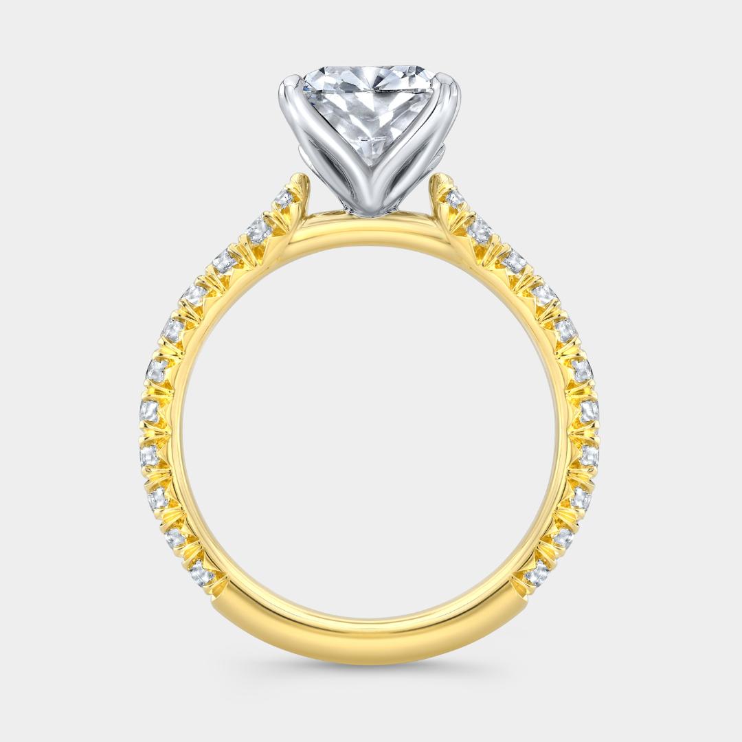 2.42ct Lab Grown Cushion Tulip Low Cathedral Pave Diamond Yellow Gold And Platinum Engagement Ring