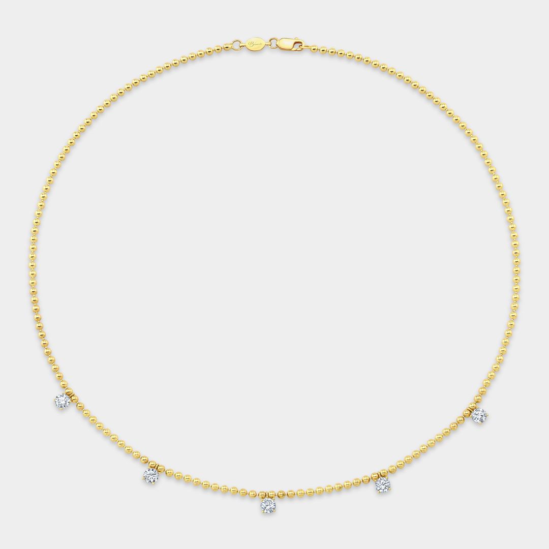 14k Yellow Gold 1.5ct Lab Round Diamond Bead Chain Necklace