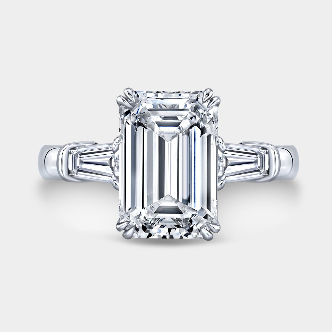 Emerald Diamond Three Stone with Tapered Baguettes Double Claw Prong Platinum Engagement Ring